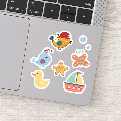 Kids Cute Day at the Beach Toy Boat Pirate Birds Sticker