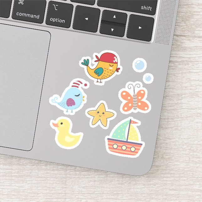 Kids Cute Day at the Beach Toy Boat Pirate Birds Sticker (Detail)