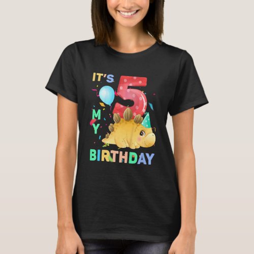 Kids Cute Dino Dinosaur 5th Five Bday Girls 5 Year T_Shirt