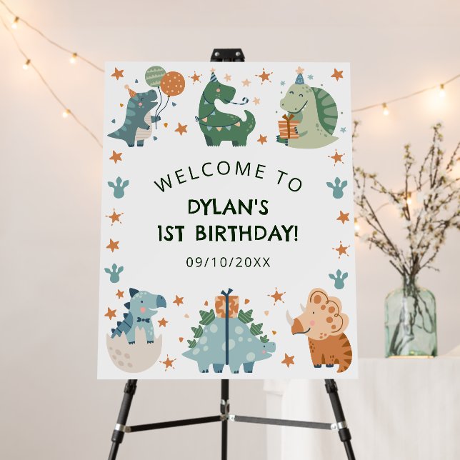 Kid's Cute Dinosaur Birthday Party Welcome Foam Board (In Situ (Stand))