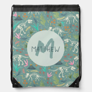 Kids Cute Dinosaur Fossil & Monogram Boys Drawstring Bag