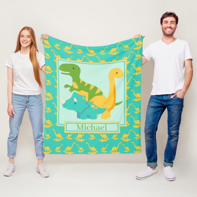 Kids Cute Dinosaurs Blue Fleece Blanket (In Situ)