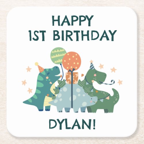 Kids Cute Dinosaurs Happy Birthday Square Paper Coaster