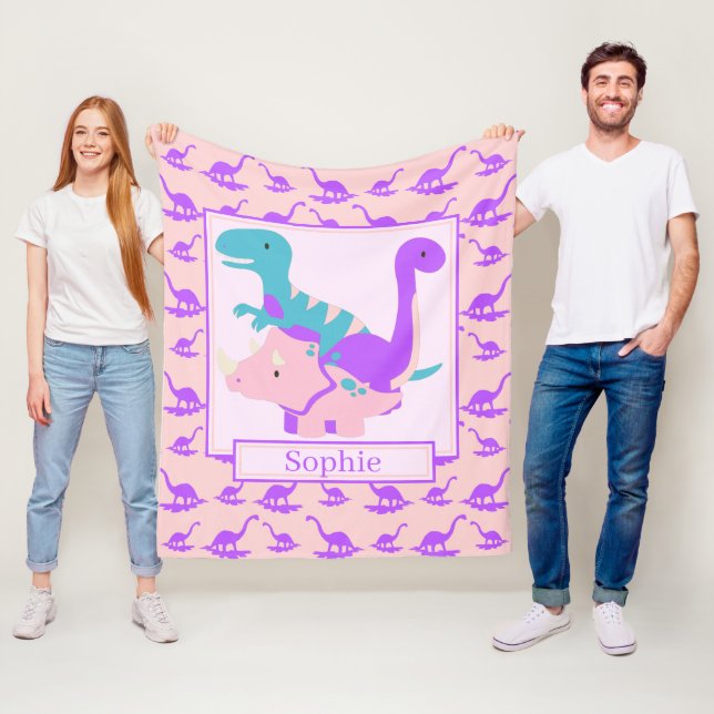 Kids Cute Dinosaurs Pink Fleece Blanket (In Situ)