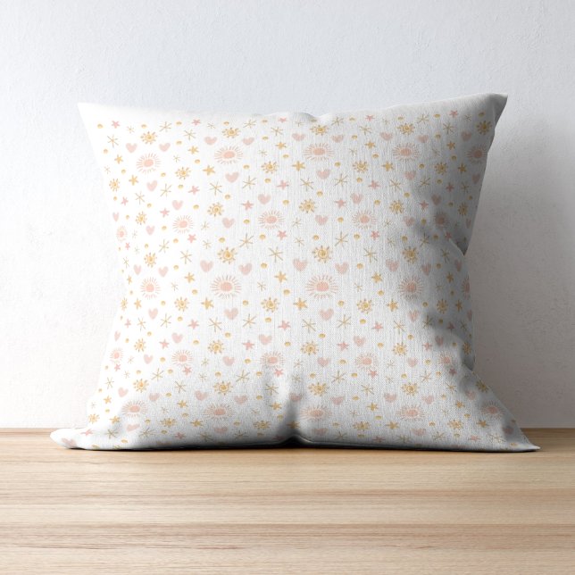 Kids Cute Ditsy Pattern of Suns, Hearts, and Stars Throw Pillow (Creator Uploaded)