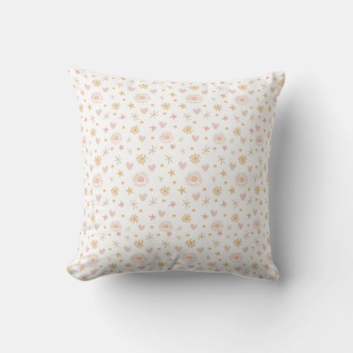 Kids Cute Ditsy Pattern of Suns Hearts and Stars Throw Pillow