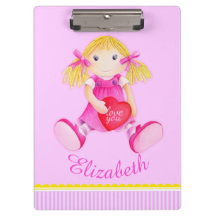 Kids cute doll watercolor art pink named clipboard
