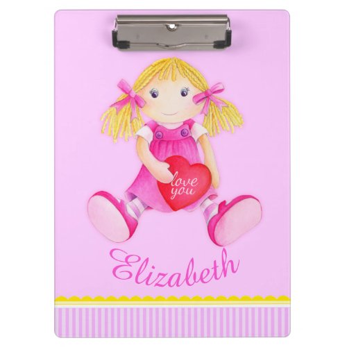 Kids cute doll watercolor art pink named clipboard