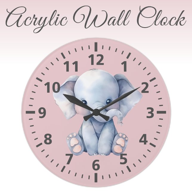 Kids cute elephant pink grey large clock (Creator Uploaded)