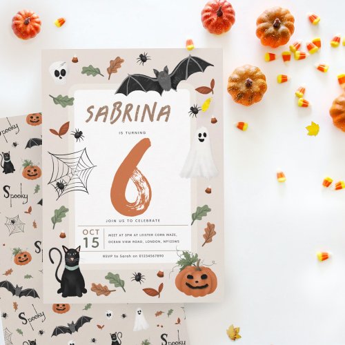 Kids Cute Fall Halloween 6th Birthday Invitation