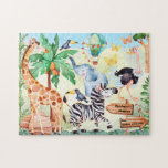 Kids Cute Family Safari Animals Personalized Jigsaw Puzzle<br><div class="desc">Have fun going on an African adventure! Cute and adorable animals to find and discover. Colorful watercolor design with plants and trees. Add a monogram name to the sign and a personalized from message. Perfect for children,  kids big and small and grandchildren.</div>