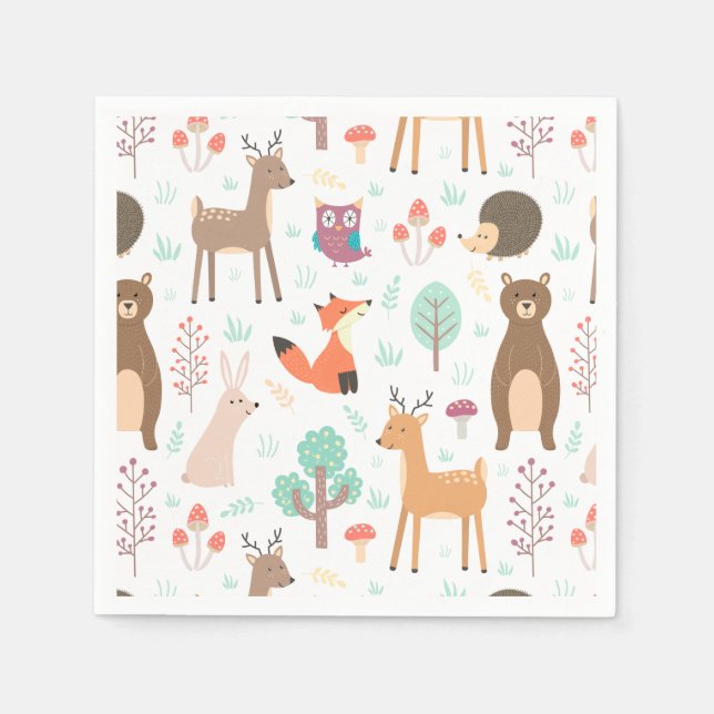 Kids Cute Forest Animals Porcupine Deer Brown Bear Napkins (Front)