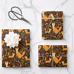 Kids Cute Forest Fox Family Mushroom Flowers Wrapping Paper Sheets
