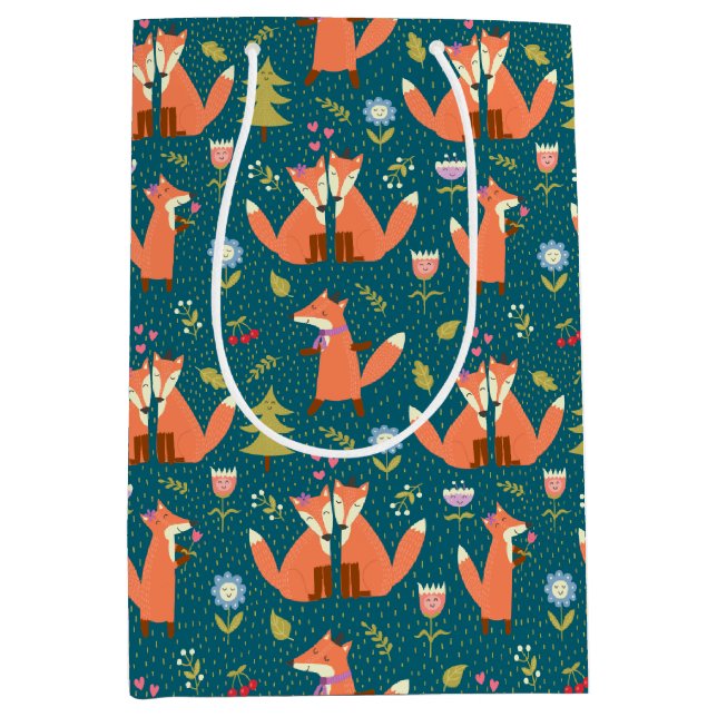 Kids Cute Forest Foxes in Love Medium Gift Bag (Front)