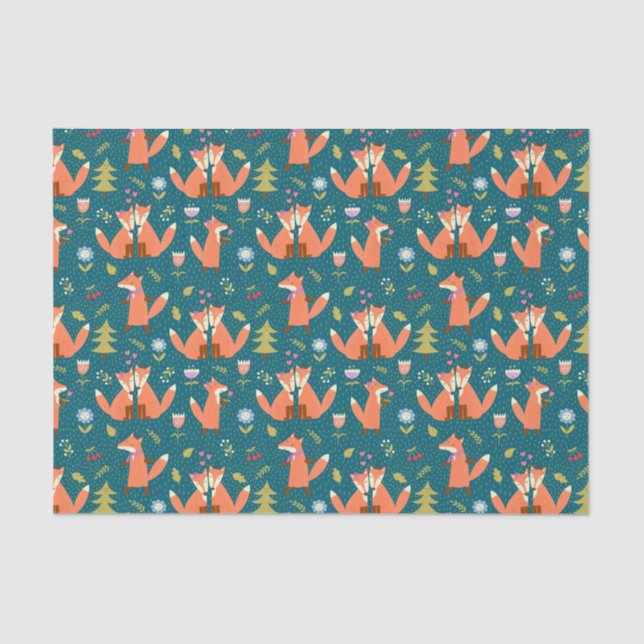 Kids Cute Forest Foxes in Love Tissue Paper (Front)
