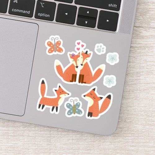 Kids Cute Friendly Fox Foxes in Love Butterflies Sticker