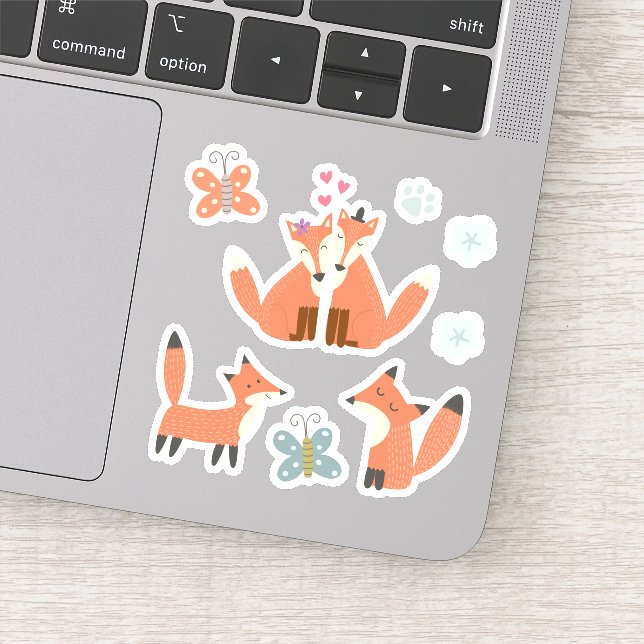 Kids Cute Friendly Fox Foxes in Love Butterflies Sticker (Detail)