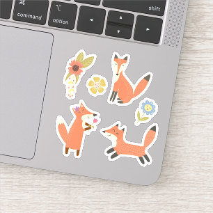 Kids Cute Friendly Fox Foxes with Flowers Sticker