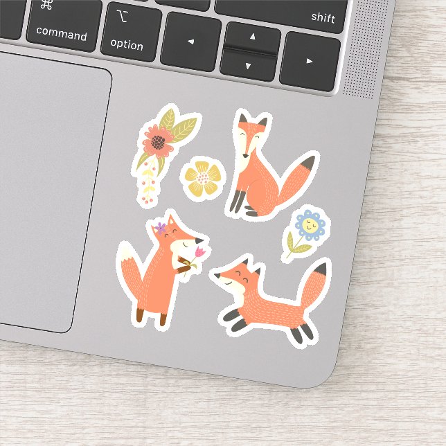 Kids Cute Friendly Fox Foxes with Flowers Sticker (Detail)