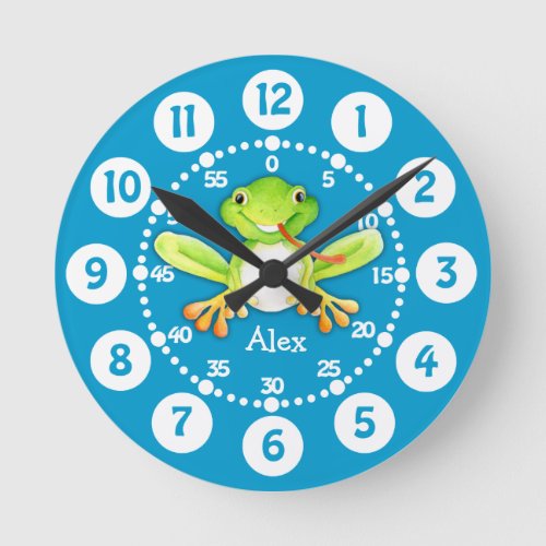 Kids cute frog green blue wall clock