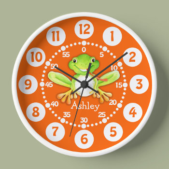Kids Cute Frog Orange Green Wall Clock by Mylittleeden at Zazzle