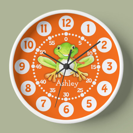 Kids Cute Frog Orange Green Wall Clock