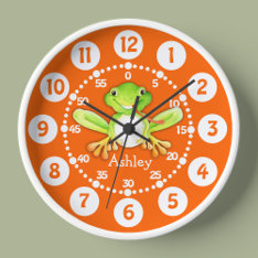 Kids Cute Frog Orange Green Wall Clock at Zazzle