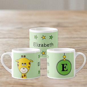 Kids cute giraffe name initial green espresso cup