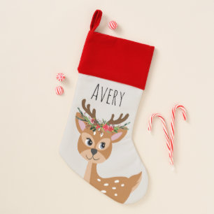 Kids Cute Gray Reindeer with Flower Wreath & Name Christmas Stocking