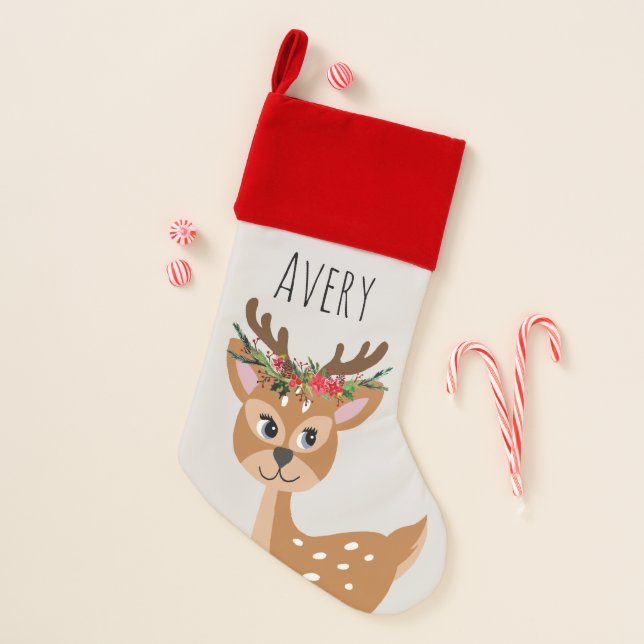 Kids Cute Gray Reindeer with Flower Wreath & Name Christmas Stocking (Front)