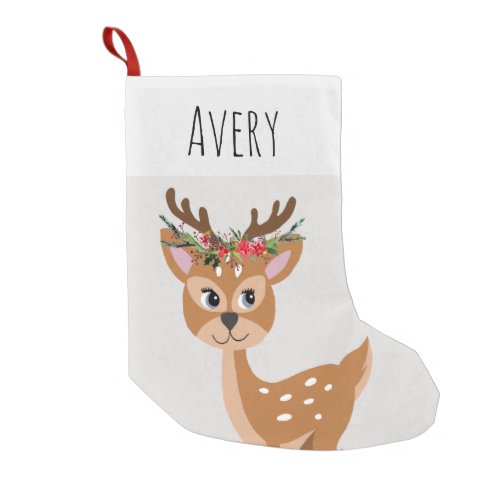 Kids Cute Gray Reindeer with Flower Wreath  Name Small Christmas Stocking