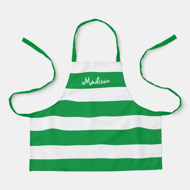 Kids Cute Green and White Striped Personalized Apron (Front)