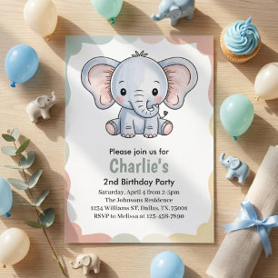 Kids Cute Green Elephant 2nd Birthday Party Invitation