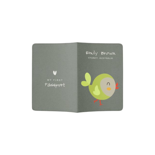 KIDS CUTE GREEN GREY BABY BIRD MY FIRST PASSPORT PASSPORT HOLDER (Opened)