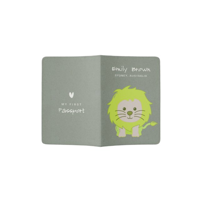 KIDS CUTE GREEN GREY BABY LION MY FIRST PASSPORT PASSPORT HOLDER (Opened)