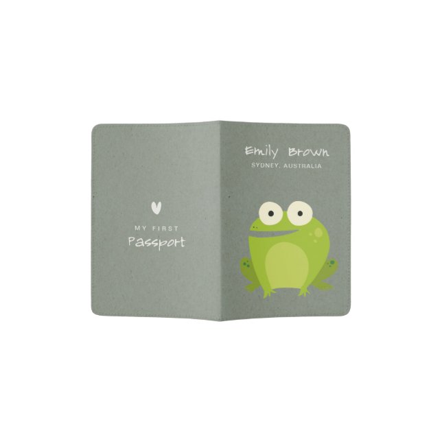 KIDS CUTE GREY GREEN BABY FROG MY FIRST PASSPORT PASSPORT HOLDER (Opened)