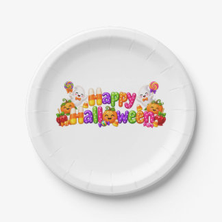 Kids Cute Halloween Pumpkins Candy Corn Fun Paper Plates