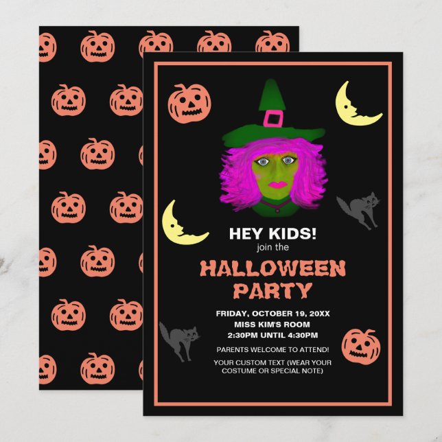 Kids Cute Halloween Theme Black Orange Party Invitation (Front/Back)