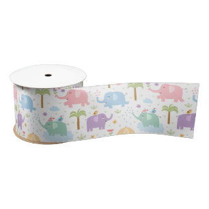 Kids Cute Happy Elephants Pastel Pink Blue Green Satin Ribbon