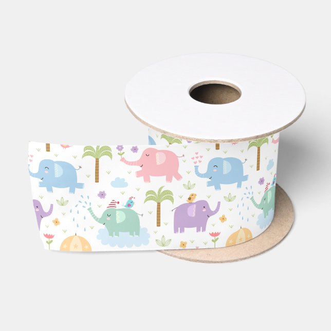 Kids Cute Happy Elephants Pastel Pink Blue Green Satin Ribbon (Spool)