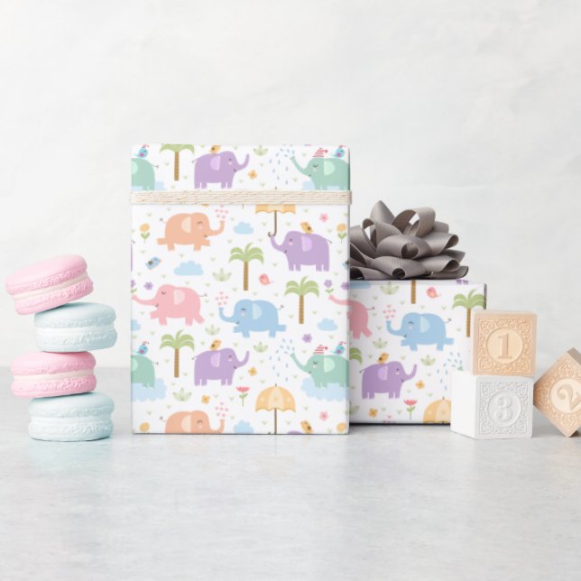 Kids Cute Happy Elephants Pastel Pink Blue Green Wrapping Paper (Baby Shower)