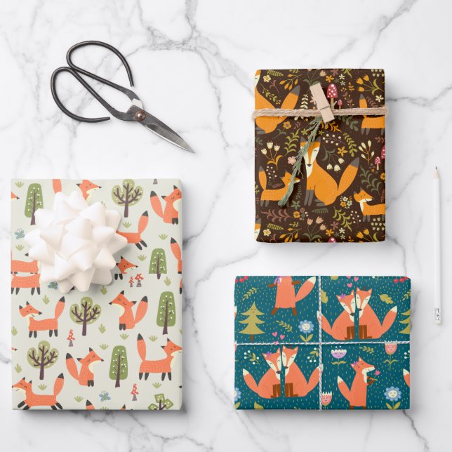 Kids Cute Happy Foxes Playing in Forest Mixed Wrapping Paper Sheets (Front)