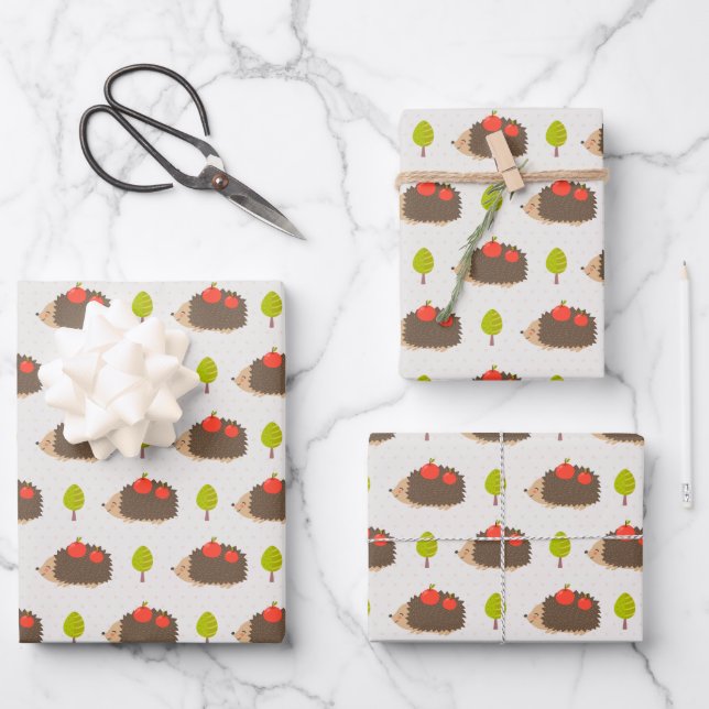 Kids Cute Hedgehog Carrying Apples Smiling Wrapping Paper Sheets (Front)