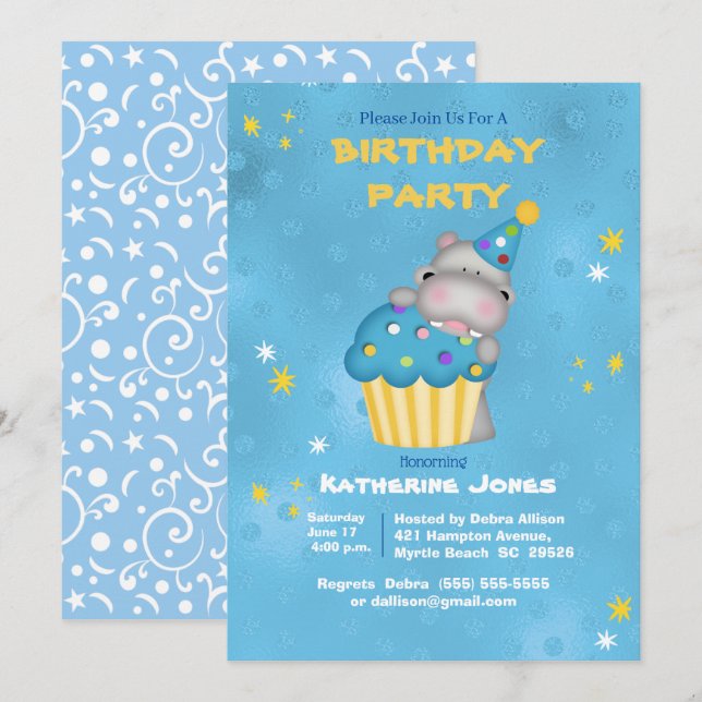 Kids Cute Hippo with a Blue Cupcake Birthday  Invi Invitation (Front/Back)