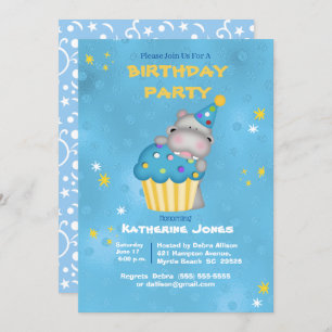 Kids Cute Hippo with a Blue Cupcake Birthday Invi Invitation
