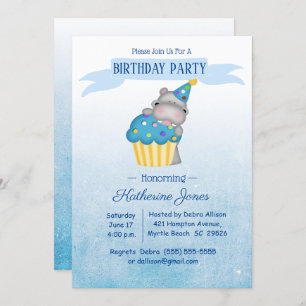 Kids Cute Hippo with a Blue Cupcake Birthday Invitation