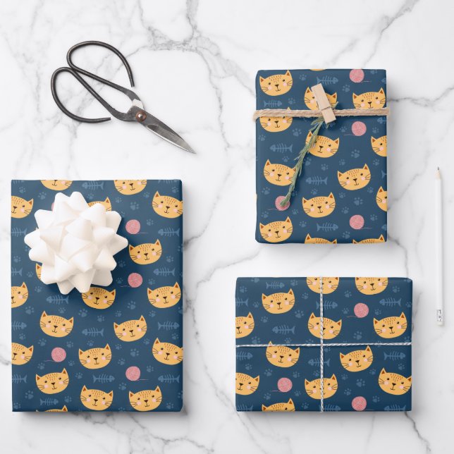Kids Cute Kitty Cat Faces Paw Prints Ball of Yarn Wrapping Paper Sheets (Front)
