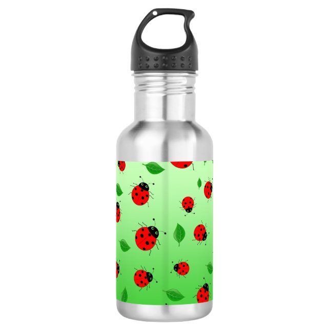Kids Cute lady bug & green leave pattern gradient Stainless Steel Water Bottle (Front)