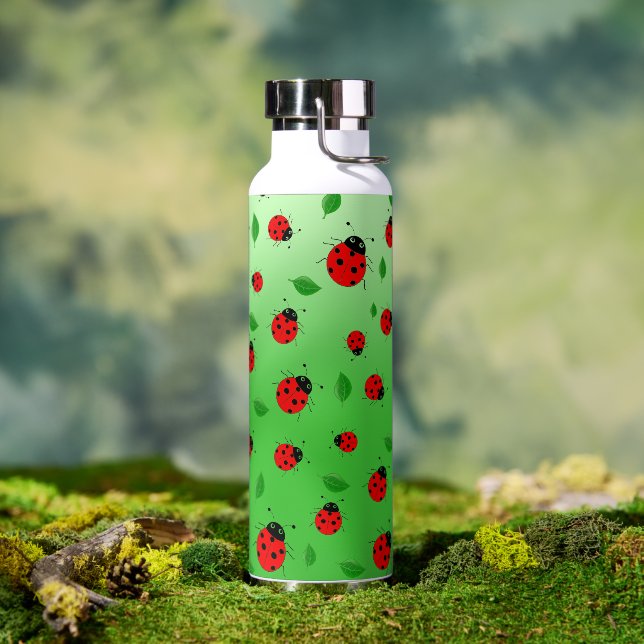 Kids Cute lady bug & green leave pattern gradient Water Bottle (Outdoor)