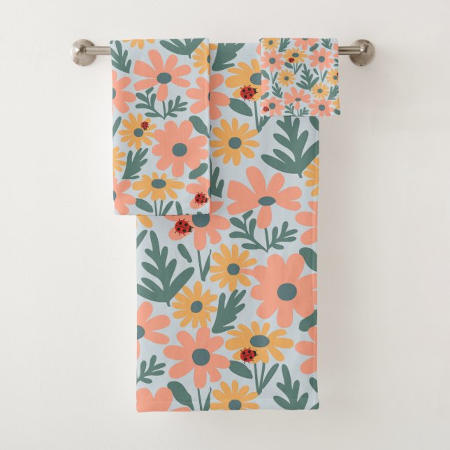 kids Cute Ladybug Polka dot Daisy Flower Pattern Bath Towel Set (Insitu)